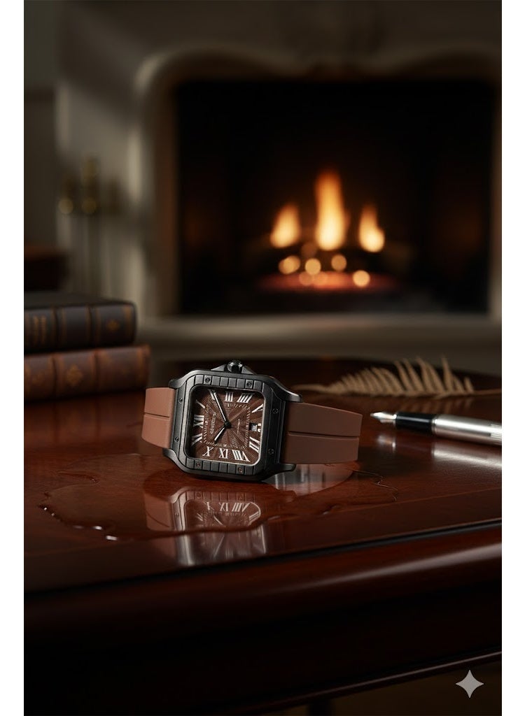 كارتييه ساعة يد رجالي فاخرة بتصميم مربع – سوار سيليكون بني مع قرص بني وأرقام رومانية - Image 3